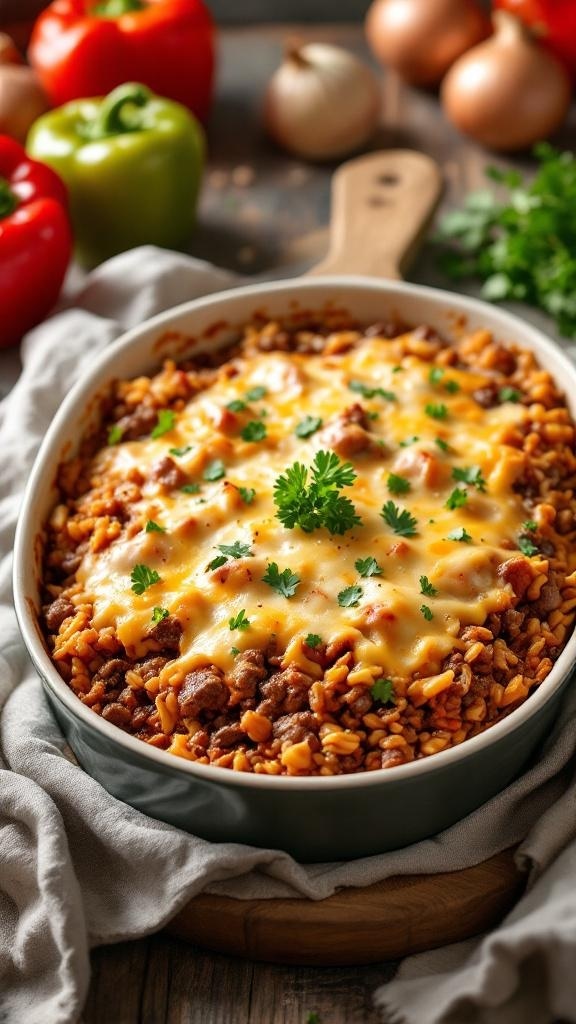 A delicious beef and rice casserole topped with melted cheese and garnished with parsley.