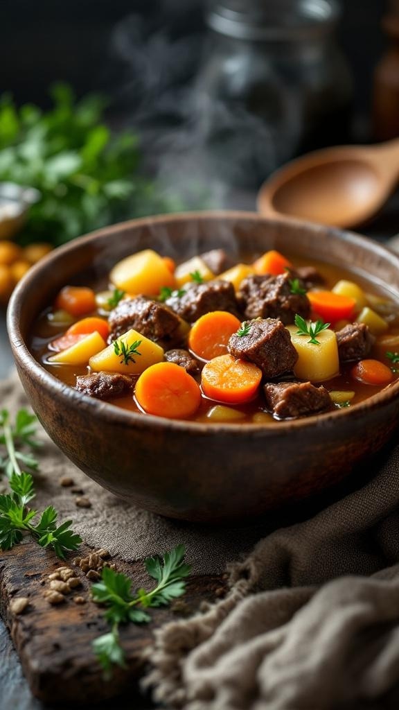 A bowl of savory beef stew with root vegetables, garnished with fresh herbs.
