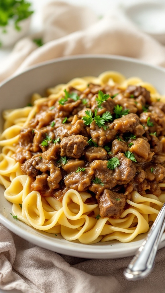 A hearty bowl of beef stroganoff served over egg noodles, garnished with parsley.