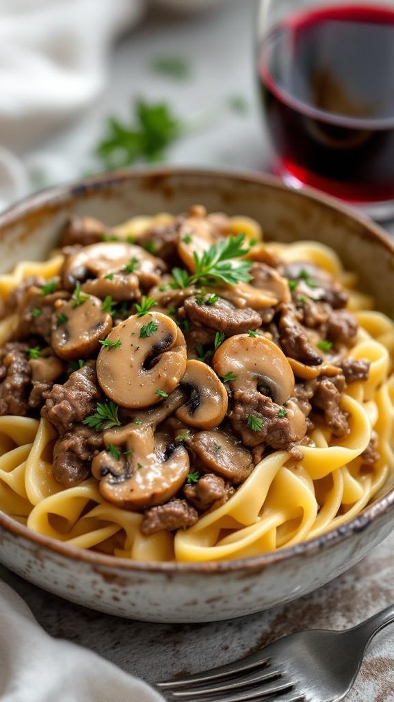 A bowl of beef stroganoff with egg noodles and mushrooms, garnished with parsley.