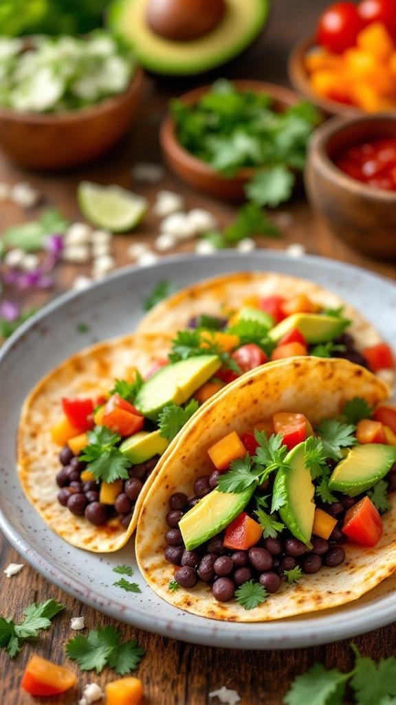 Plate of black bean tacos topped with avocado, bell peppers, and cilantro