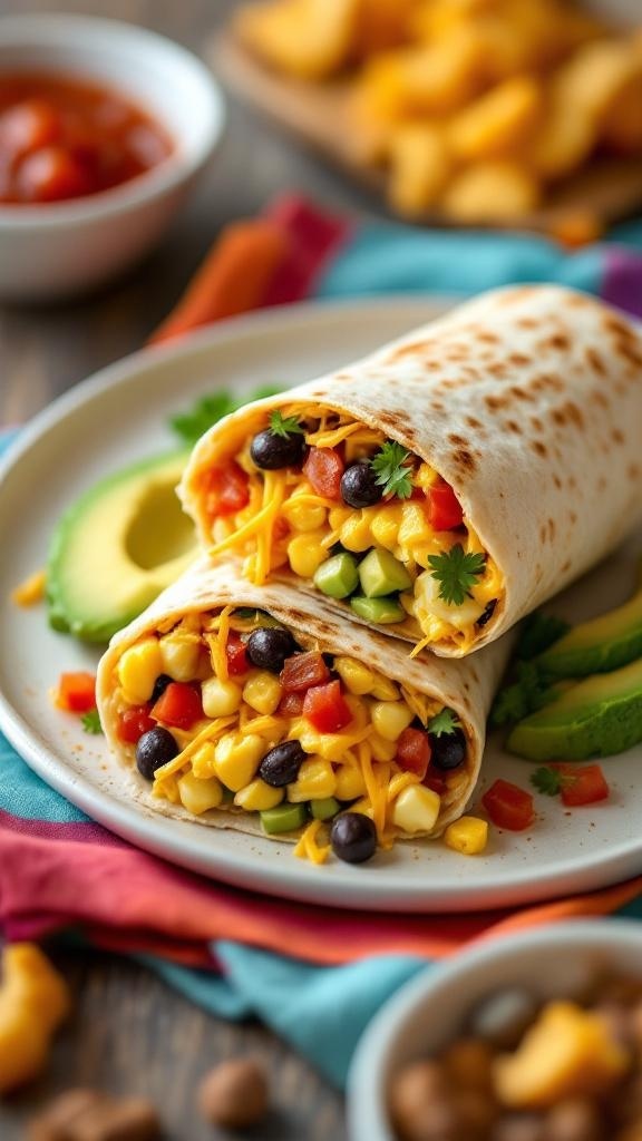 Savory breakfast burritos filled with black beans, corn, and cheese, served with avocado slices.