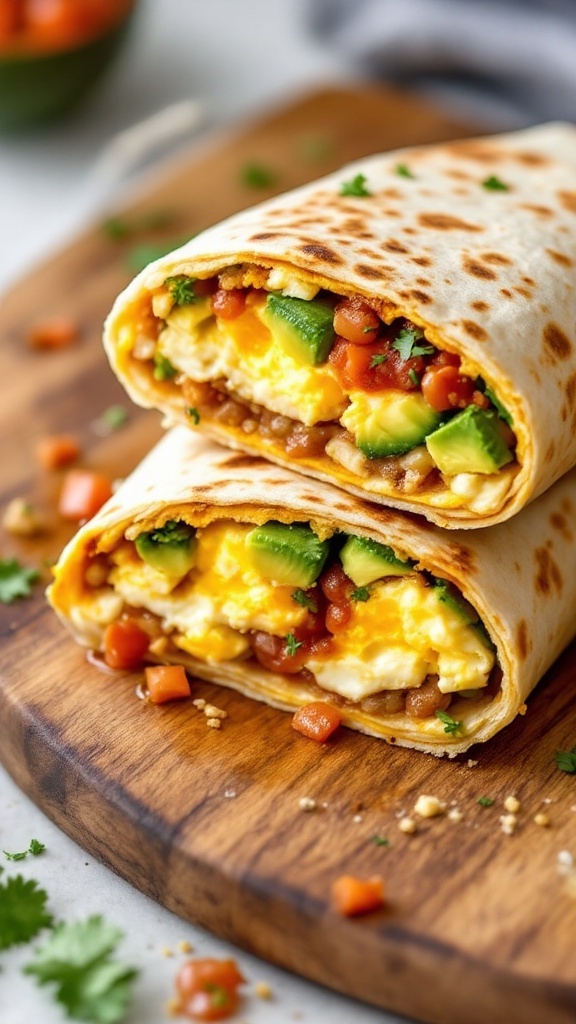 Savory breakfast burritos with avocado, tomatoes, and cilantro