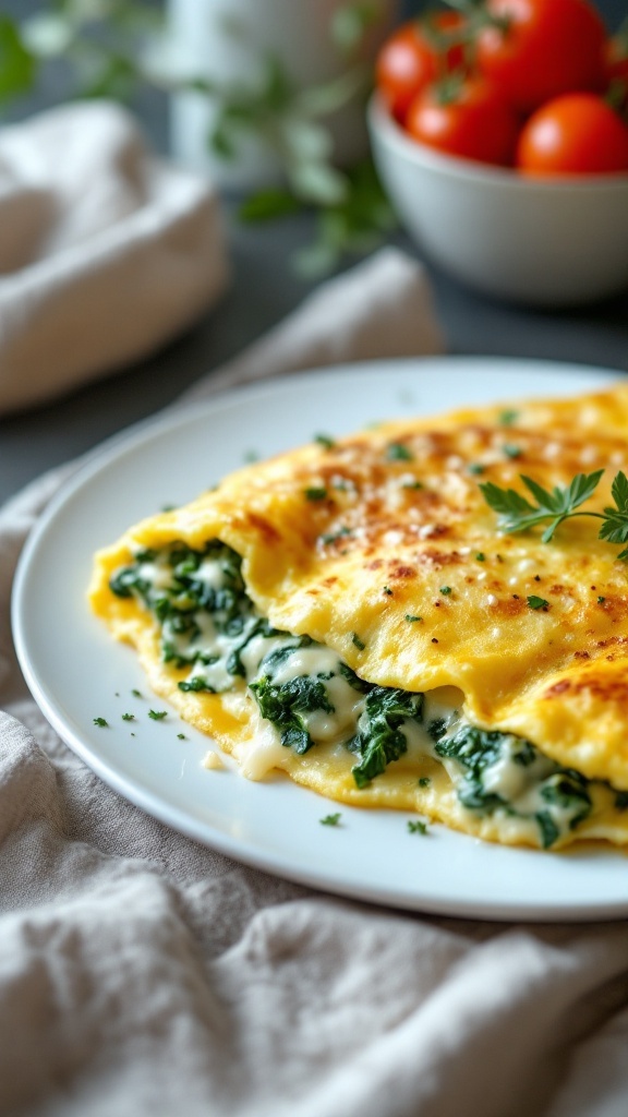 Savory breakfast omelette filled with spinach and cheese.