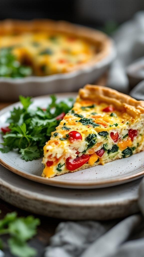 A slice of savory breakfast quiche on a plate with fresh greens, showcasing a colorful filling of spinach, bell peppers, and cheese.