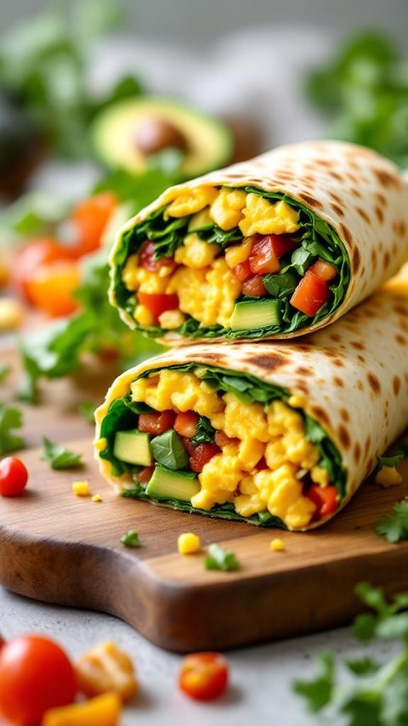 Savory breakfast wraps filled with eggs, spinach, and bell peppers.