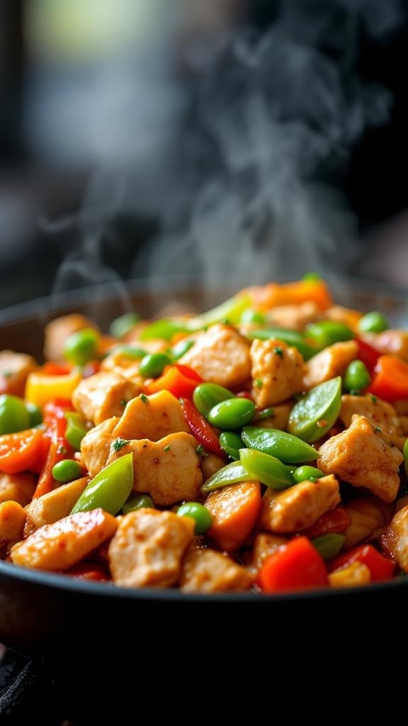 A steaming chicken stir-fry with colorful vegetables in a skillet.