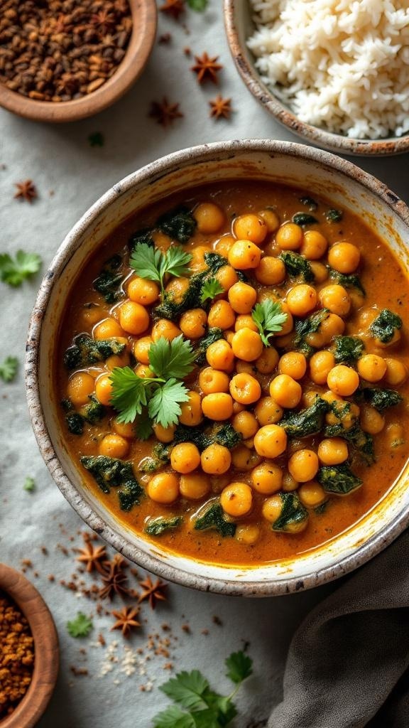 A bowl of chickpea and spinach curry garnished with cilantro, served with rice.