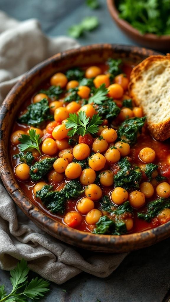 A bowl of chickpea and spinach stew with bread on the side.