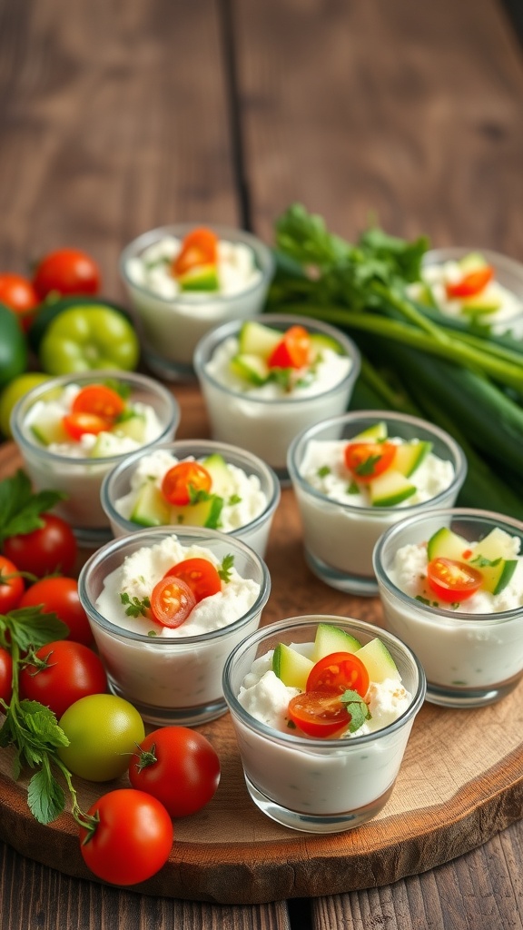 Savory cottage cheese and veggie cups on a wooden board with fresh vegetables.