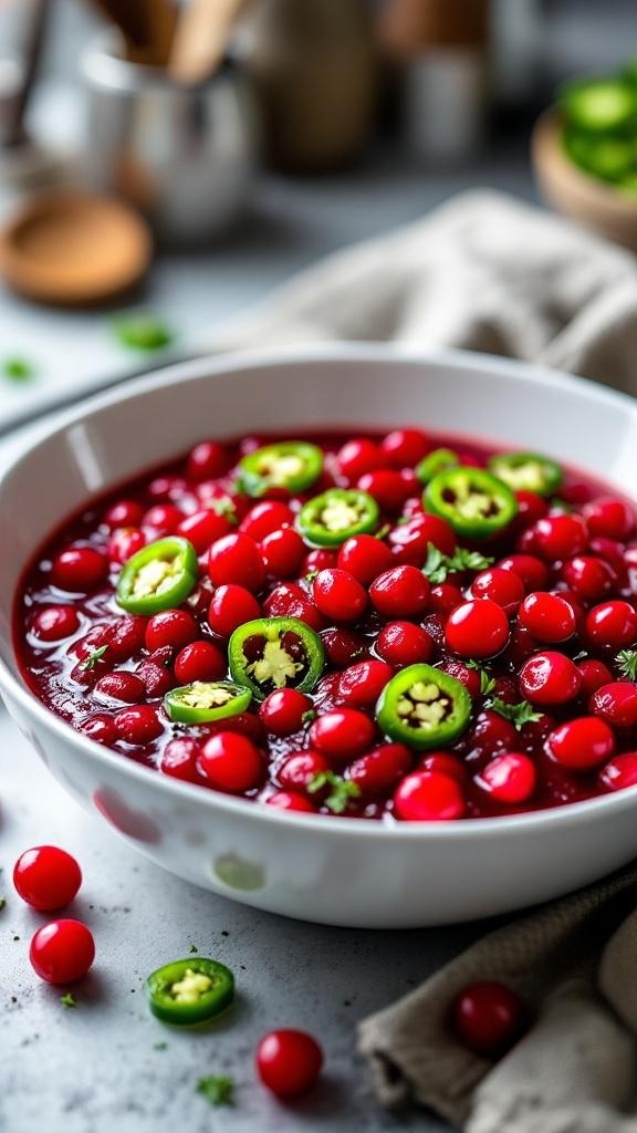 A bowl of savory cranberry sauce with jalapeño slices on top, garnished with fresh herbs.