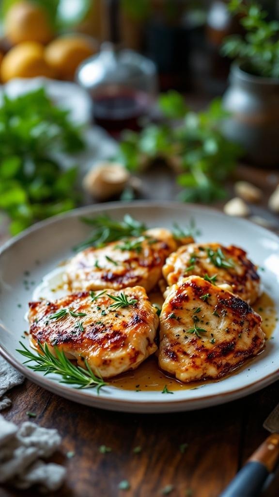 Plate of seared chicken thighs garnished with herbs