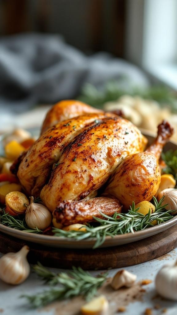 A beautifully roasted chicken garnished with garlic and rosemary, served with potatoes.