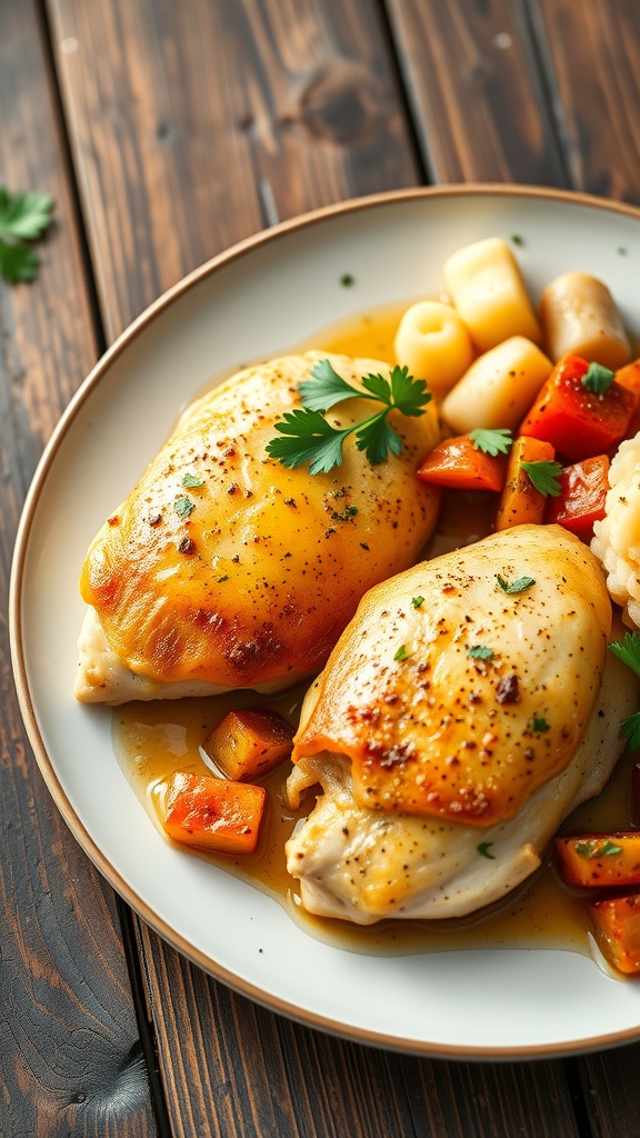 Plate of garlic butter chicken breasts with vegetables