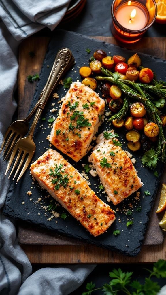 Garlic Parmesan Crusted Salmon with roasted vegetables