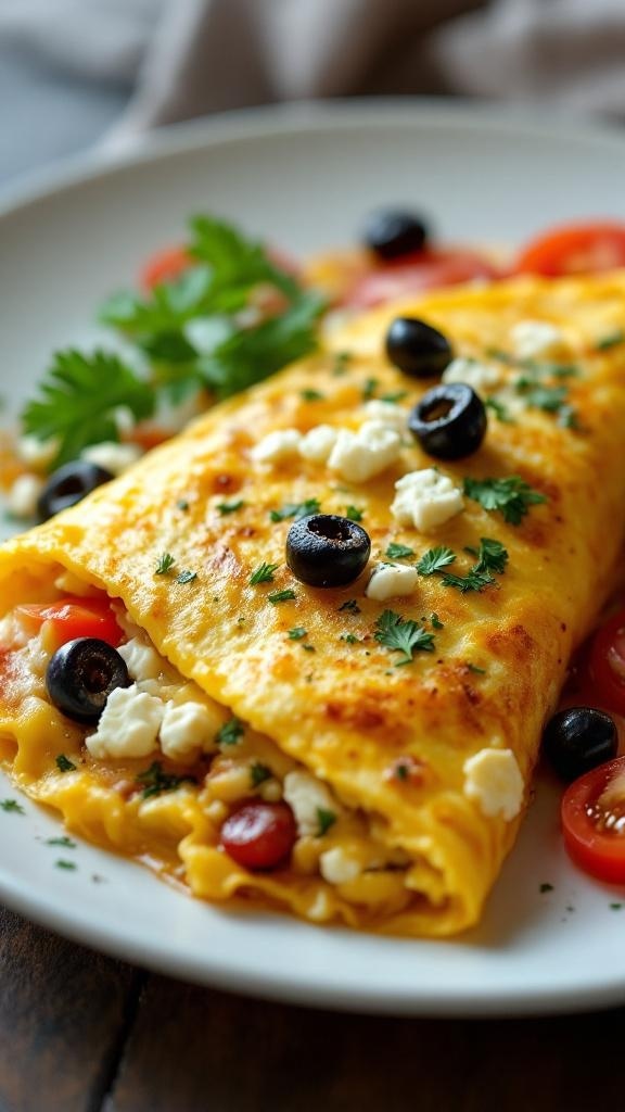 A savory Greek omelette filled with feta cheese and olives, garnished with parsley and served with cherry tomatoes.