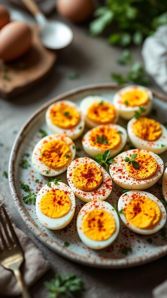 A plate of savory hard-boiled eggs sprinkled with spices and garnished with herbs.