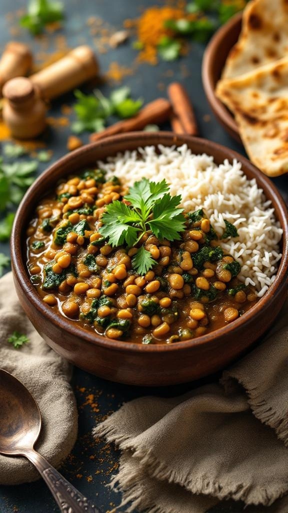 A bowl of lentil and spinach curry served with rice and naan.