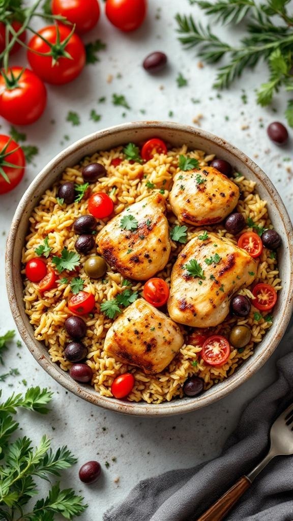 A bowl of Mediterranean chicken and rice with cherry tomatoes and olives.