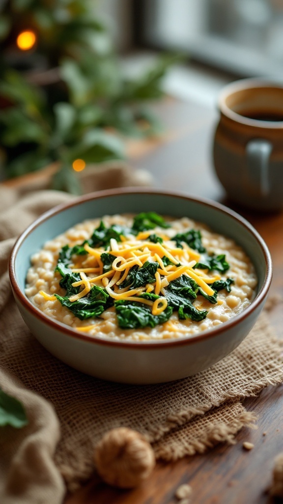Savory oatmeal dish with spinach and cheese in a bowl