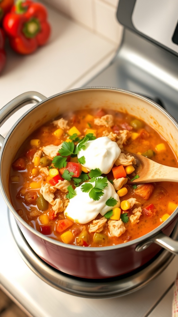 A pot of easy one-pot chicken chili with colorful vegetables and a garnish of sour cream and cilantro.