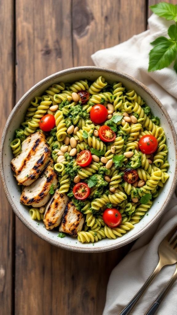 A bowl of pesto chicken pasta with grilled chicken, cherry tomatoes, and pine nuts.
