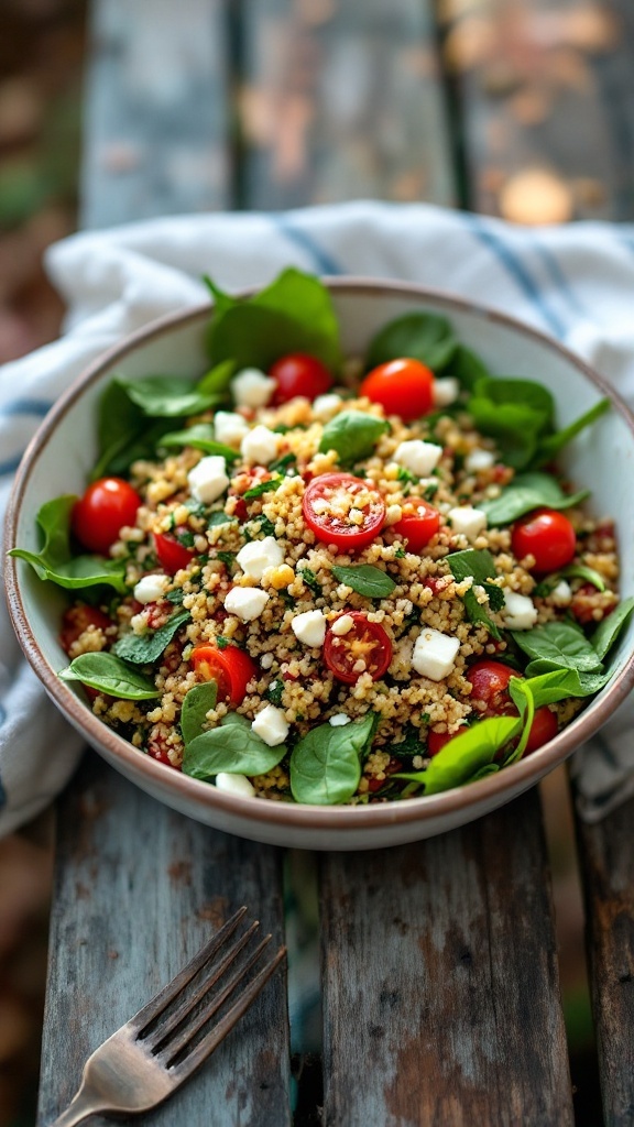 A bowl of savory quinoa salad with spinach, cherry tomatoes, and feta cheese.