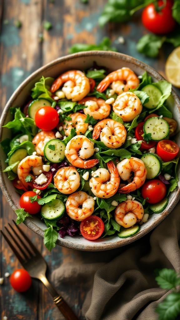 A vibrant shrimp salad with mixed greens, cherry tomatoes, and cucumbers in a bowl.