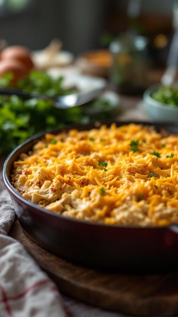 A delicious shredded chicken casserole topped with cheese and crackers, perfect for easy weeknight meals.