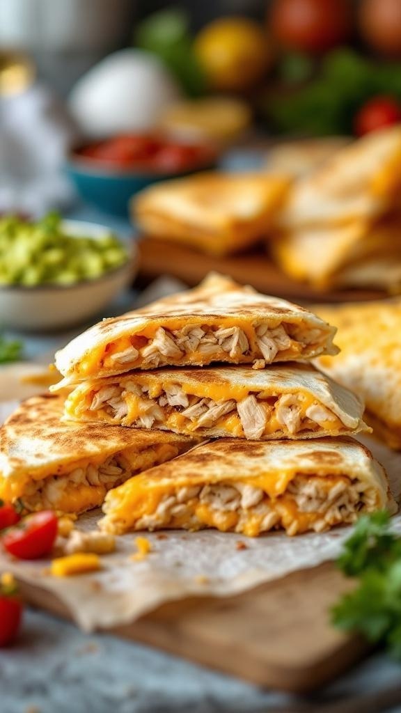 Delicious shredded chicken quesadillas stacked on a wooden board with fresh toppings.