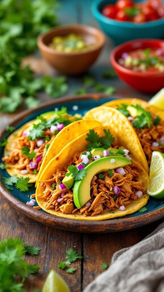 Delicious shredded chicken tacos topped with avocado, red onion, and cilantro on a wooden table.