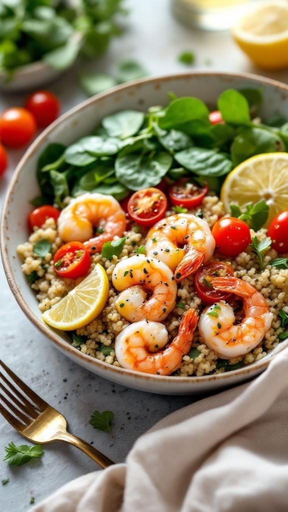 A colorful shrimp and quinoa bowl with spinach, cherry tomatoes, and lemon slices.