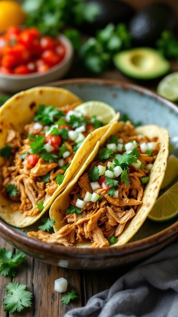Three chicken tacos topped with cilantro, onions, and tomatoes in a bowl.