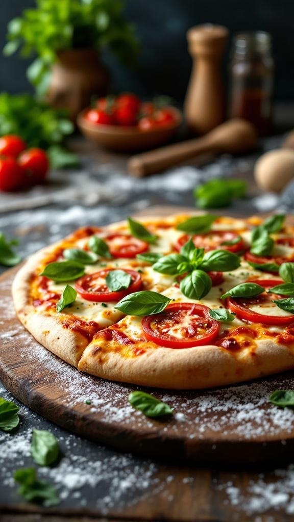 Savory sourdough pizza topped with fresh tomatoes and basil