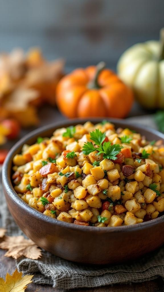 A bowl of savory sourdough stuffing with herbs and vegetables, surrounded by autumn decorations.