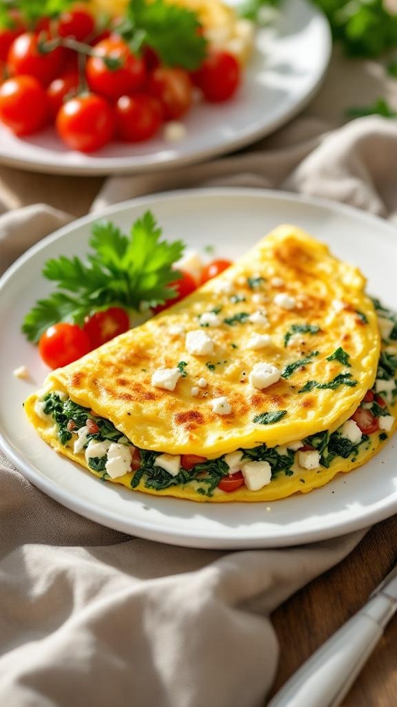 A savory spinach and feta omelette served on a plate with cherry tomatoes.