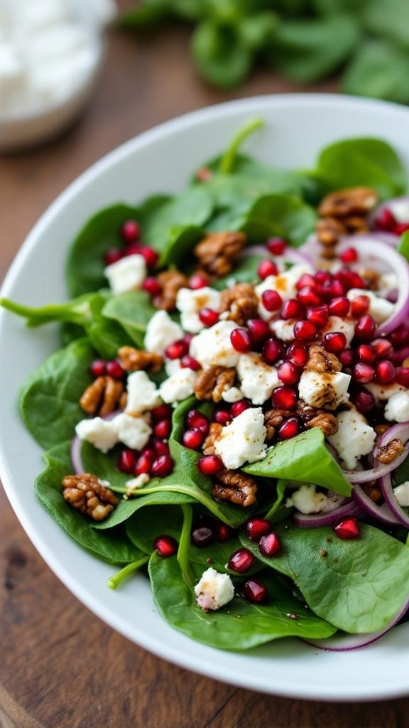 A vibrant salad featuring fresh spinach, goat cheese, pomegranate seeds, and toasted pecans.