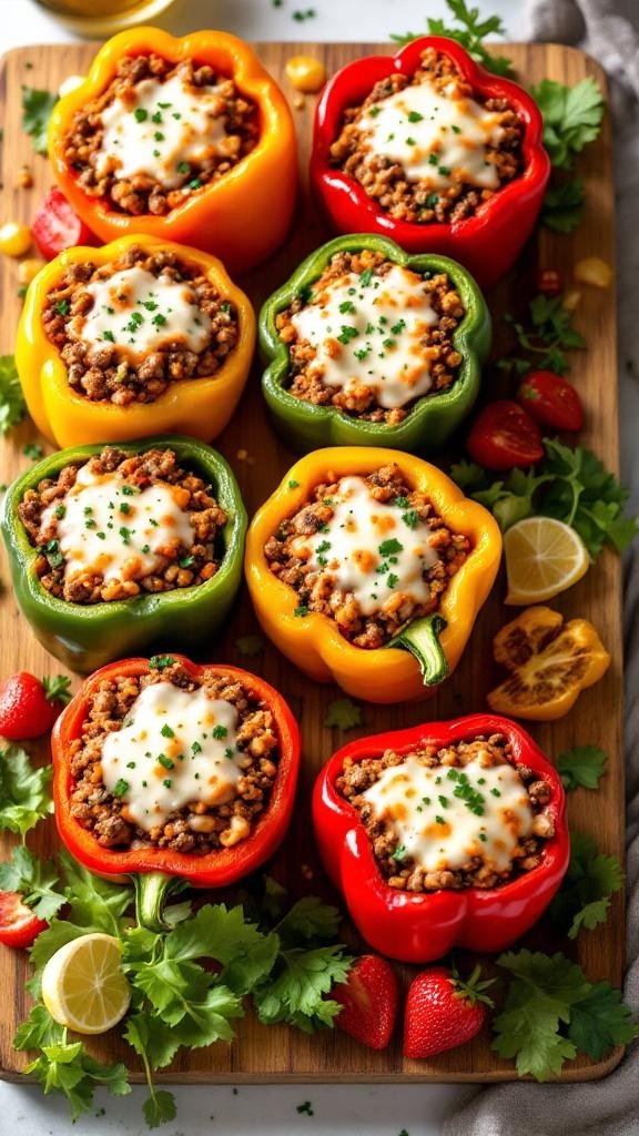 Colorful stuffed bell peppers filled with ground beef and topped with cheese