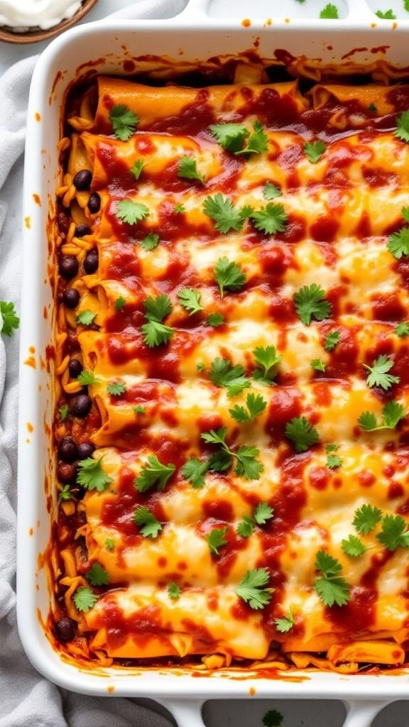 Savory sweet potato and black bean enchiladas topped with cheese and cilantro