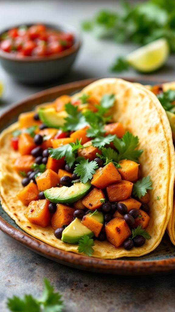 Savory sweet potato and black bean tacos with avocado and lime