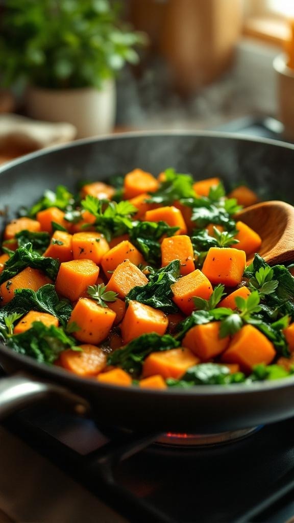 A colorful skillet filled with sweet potato and spinach hash, garnished with fresh herbs.