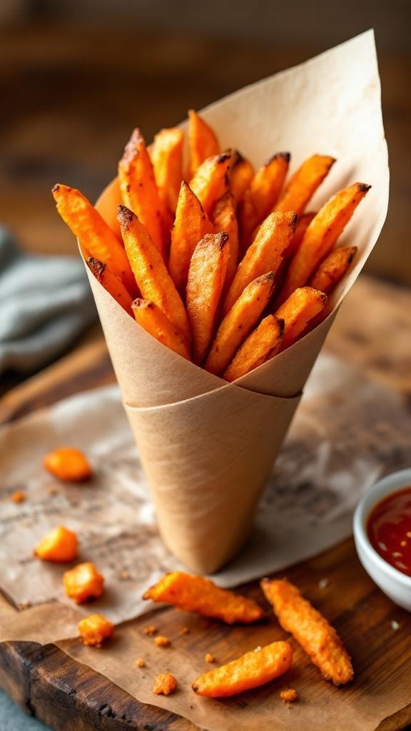 A cone of crispy sweet potato fries served with a spicy dip.