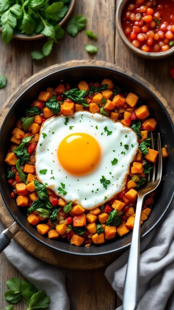 Savory sweet potato hash with veggies and a fried egg on top.