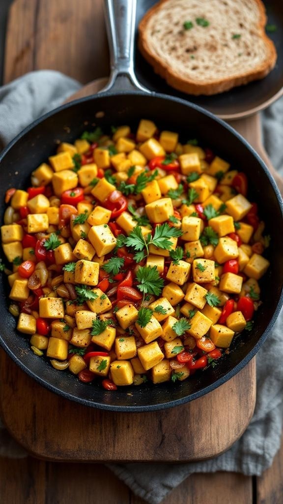 A colorful tofu scramble with diced vegetables in a skillet, served with a slice of whole grain bread.