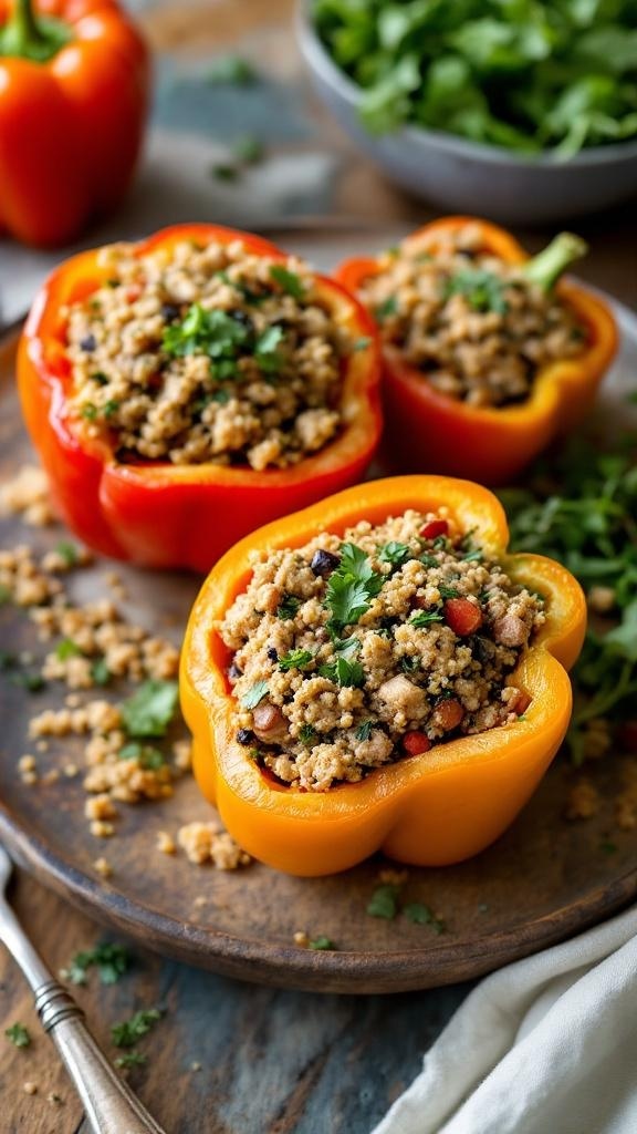 Colorful stuffed bell peppers filled with turkey and quinoa mixture.