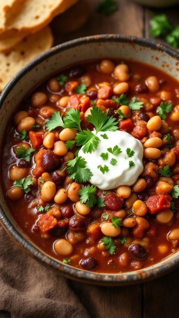A bowl of savory turkey chili with beans, topped with cilantro and sour cream.