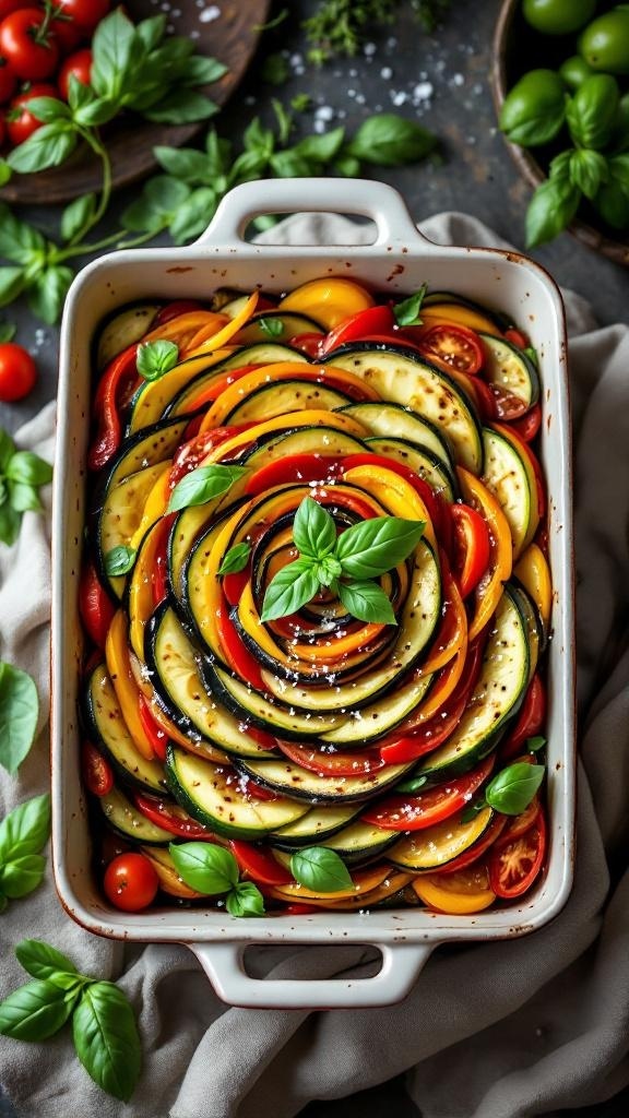 A beautifully arranged dish of ratatouille with zucchini, bell peppers, and tomatoes, garnished with fresh basil.