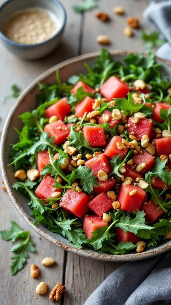 A bowl of savory watermelon and arugula salad with pine nuts and feta cheese.
