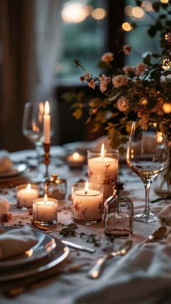 A beautifully set table with flickering candles, flowers, and elegant glassware for a romantic date night.