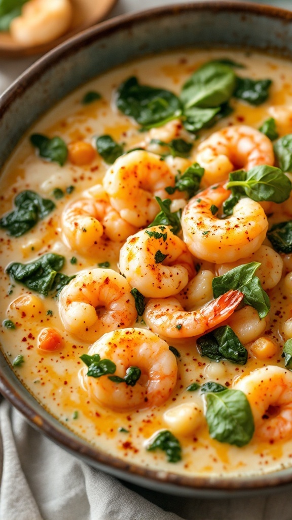 A creamy seafood chowder with shrimp and spinach.